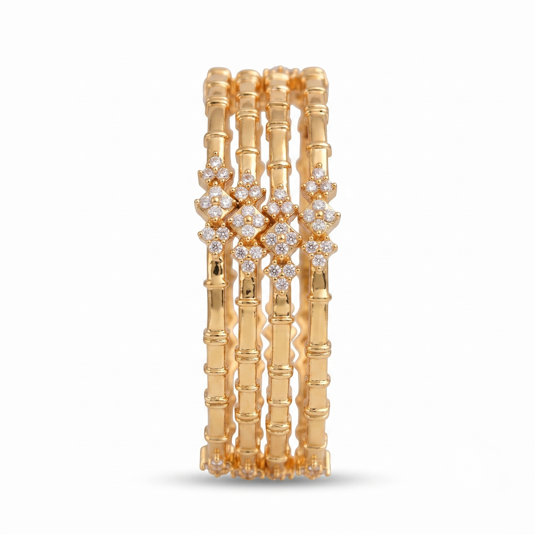 Bamboo Inspired Gold Plated AD Bangle (Set of 4) alternate angle - Avalna